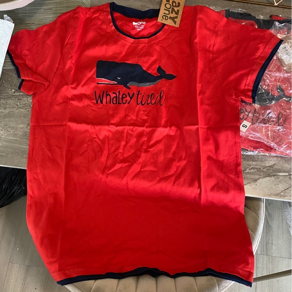Red Pyjama tee shirts with blue trim! “Whaley Tired”. BRAND NEW with tags. - Picture 2 of 3
